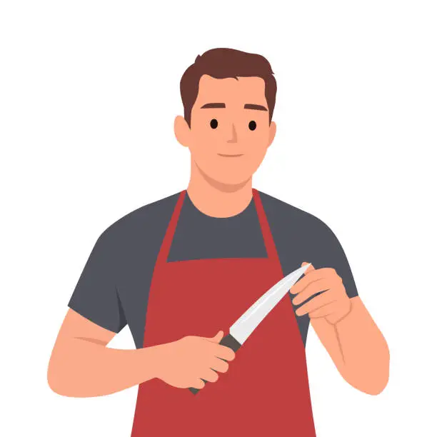 Vector illustration of Man Sharping a Big Knife Used in the Kitchen.