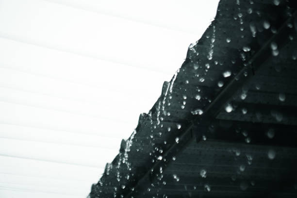 Rainwater falls from the light steel roof when it rains