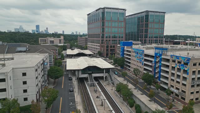 Aerial view of Lindbergh Marta Station with office Buildings and skyline in Background - Atlanta, Georgia