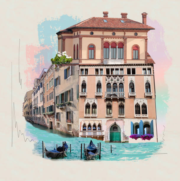 istock Contemporary artwork. Creative design in retro style. Color image if beautiful buildings in Venice. Vintage town. Concept of creativity, surrealism, imagination, futuristic landscape 1811837721
