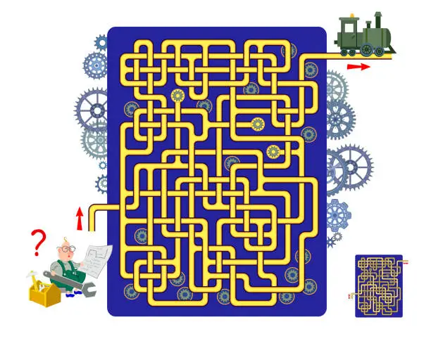 Vector illustration of Logic puzzle game with labyrinth for children and adults. Help the engineer find the way to the locomotive. Draw the line. Worksheet for kids brain teaser book. IQ test. Online playing. Flat vector.