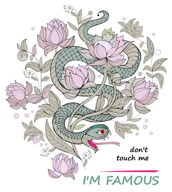Vector illustration of Fantastic illustration of fabulous snake between flowers. Modern fairy tale print for fashionable fabric, textile, decoration, embroidery. Don't touch me, I'm famous. Hand-drawn vector of animal.