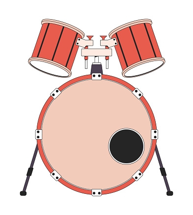 Bass drum with mid and high tom 2D linear cartoon object. Musical percussion instrument isolated line vector element white background. Drumming hardware. Part of drum set color flat spot illustration