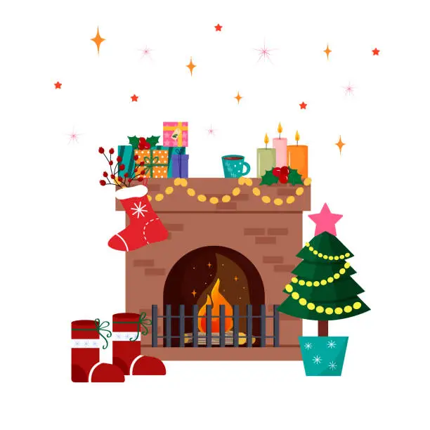 Vector illustration of Illustration with fireplace, gifts and fir tree. Christmas stocking, candles and cup of cocoa.