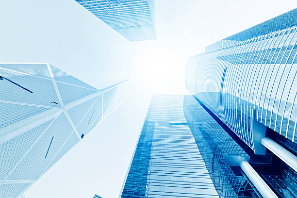 istock View of sky from base of several tall office buildings 181186838