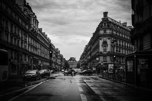 Rainy black and white on Avenue de l'Opéra, Paris, France.