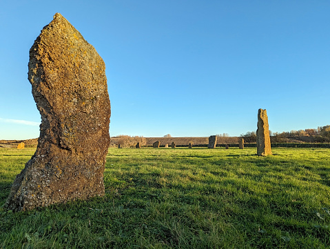 Stones at the Devil's Quoits, a 4000 year old Neolithic henge and stone circle near Stanton Harcourt, Oxfordshire, England. The site is a Scheduled Ancient Monument