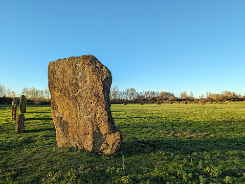 Stones at the Devil's Quoits, a 4000 year old Neolithic henge and stone circle near Stanton Harcourt, Oxfordshire, England. The site is a Scheduled Ancient Monument