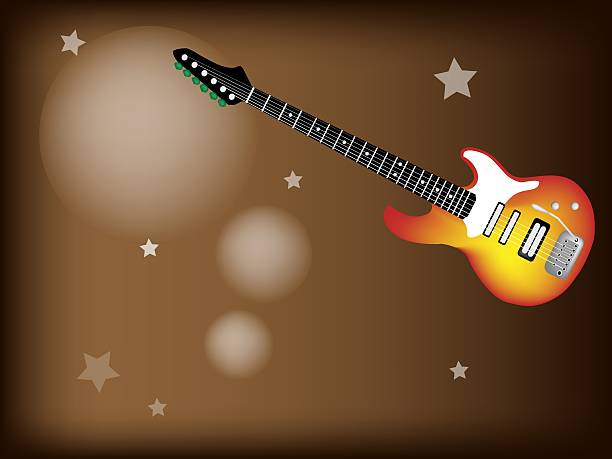 illustrazioni stock, clip art, cartoni animati e icone di tendenza di rosso chitarra elettrica su sfondo di stelle - tabulature
