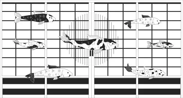 Vector illustration of Carp koi swimming in flooded house black and white lofi wallpaper