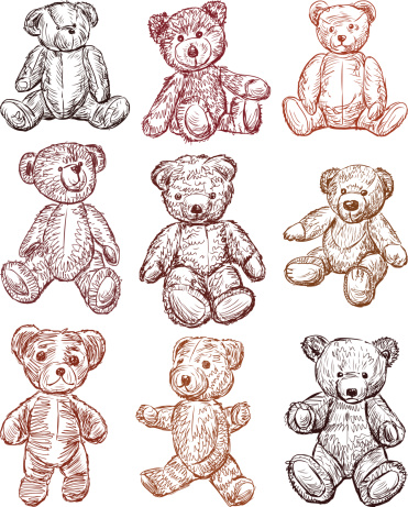 Vector illustration of the set of an old teddy bears.