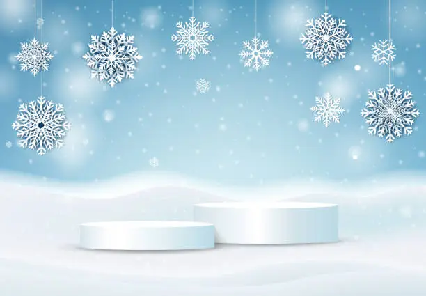 Vector illustration of Winter Christmas Banner And White Podium And Snowflake