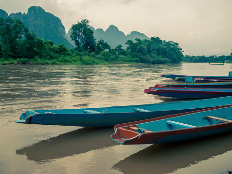 longtail boats at Song river, Vang Vieng,Laos