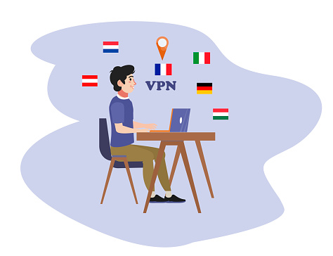 VPN concept. Virtual private network application. Man using vpn on the computer. Flat vector design illustration.