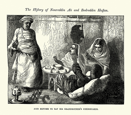 Vintage illustration One Thousand and One Nights, Agib refuses to eat his grandmother's cheesecake, Arabian, Middle Eastern folktales, by The Brothers Dalziel. History of Noureddin Ali and Bedreddin Hassan