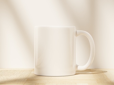 Realistic 11 oz Ceramic Mug on a Wooden Floor with Soft Window Shadows as 3D Rendering