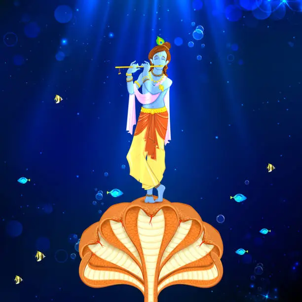 Vector illustration of Krishna dancing on Kaliya Naag