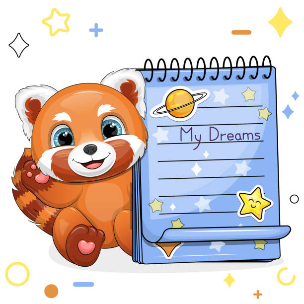 illustrations, cliparts, dessins animés et icônes de un mignon panda roux de dessin animé avec un carnet bleu avec des autocollants. - young animal baby panda red