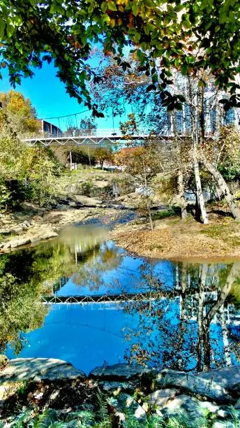 Photo of the liberty bridge at falls park on the reedy is reflected on the surface of the reedy river in historic greenville.