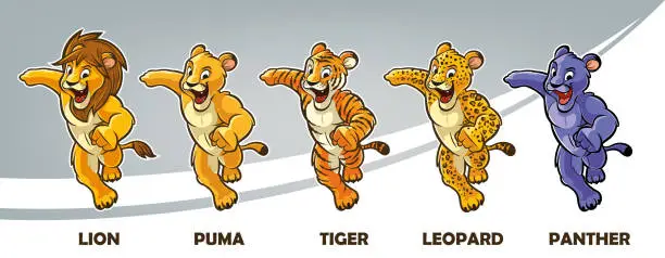 Vector illustration of lion leopard puma tiger panther feline mascot set