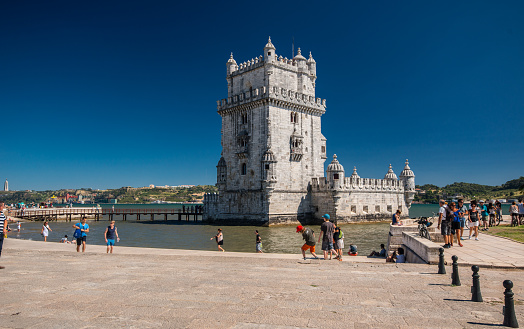 Lisbon, Portugal - July 22 2016: Belem Tower attracting tourists in summer.