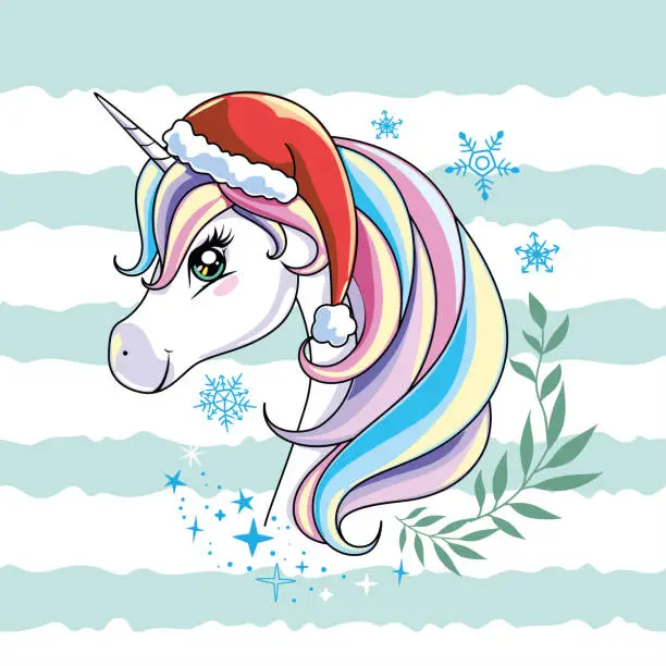 Vector illustration of Cute hand drawn unicorn nursery art. Christmas and New Year theme. Postcard with magical pony.