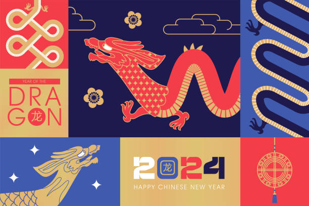 mosaik-geometrisches banner vorlagenlayout für das chinesische neujahr 2024, das jahr des drachen mit asiatischen tierkreiszeichen-elementen. übersetzen sie dragon. flache vektorillustration. - chinese dragon lindworm mosaic dragon stock-grafiken, -clipart, -cartoons und -symbole