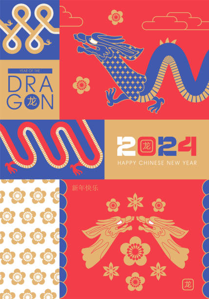 2024 chinesische neujahrsplakatvorlage, geometrische mosaikkarte für das jahr des drachen. chinesisches tierkreiszeichen-drachen-design im flachen modernen stil. chinesische übersetzung frohes neues jahr, drache - chinese dragon lindworm mosaic dragon stock-grafiken, -clipart, -cartoons und -symbole