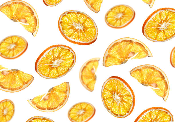 Two dry orange slices  hanging on the branch of a bush outside in a winter snowy garden. Outdoor Christmas decor concept.