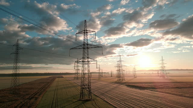 Electricity transmission towers in field at sunrise