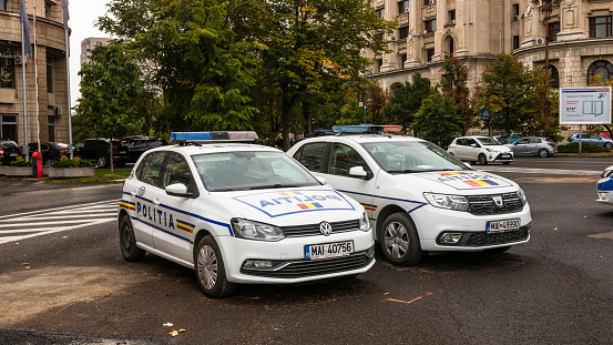 Romanian Police Car in traffic during rush hour in Bucharest