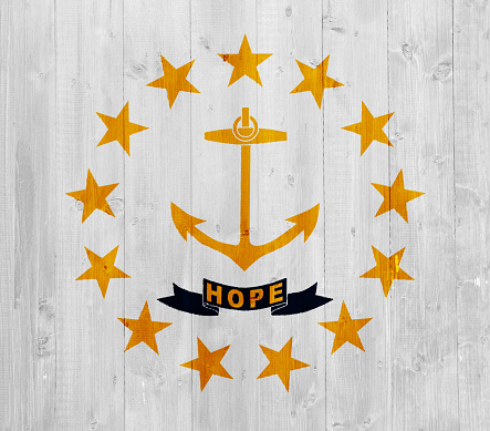 Flag of State of Rhode Island on a textured background. Concept collage.