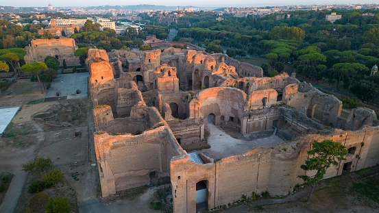 Amazing Aerial View Above Baths of Caracalla - Ancient Roman Ruins. Rome, Italy