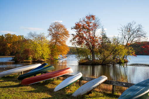 Canoes by Hopewell Lake at French Creek State Park, Pennsylvania, USA