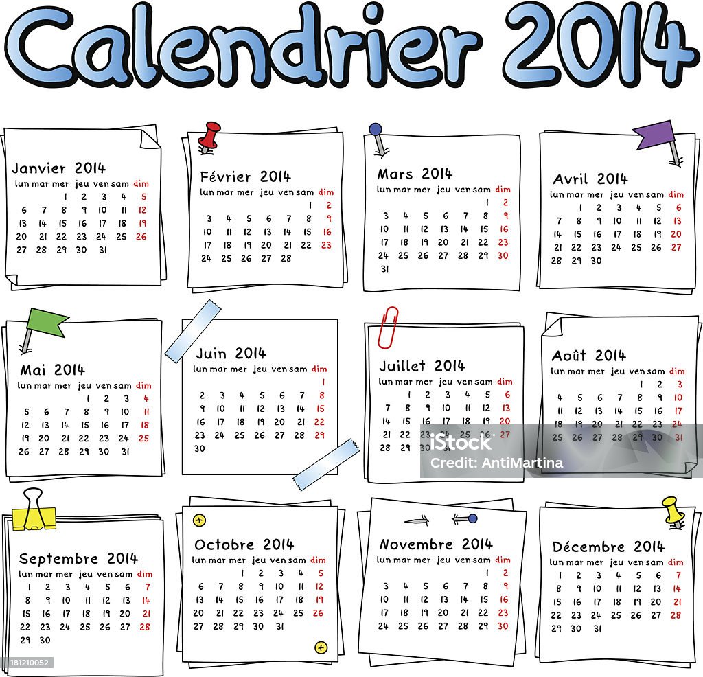 french calendar 2014 eps 10 vector illustration of a french calendar 2014.week starts on Monday 2014 stock vector