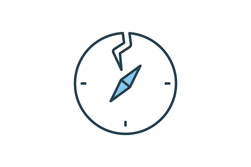 broken compass icon. confusion in navigation or decision-making. flat line icon style. simple vector design editable