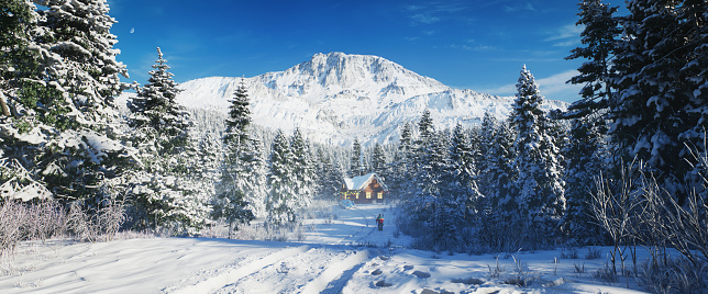 A snow covered mansion on a sunny day with blue sky and bare trees.