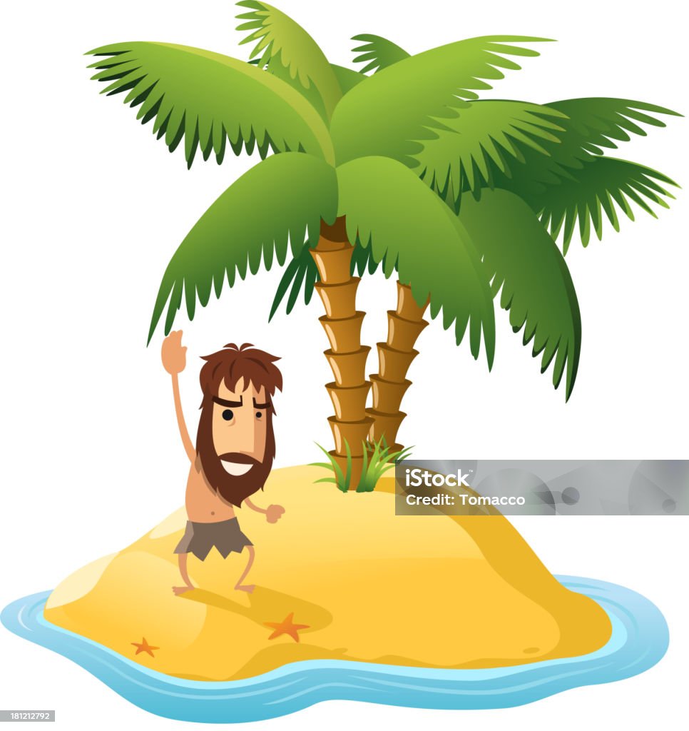 Необитаемый остров с пальмами и Shipwrecked человек - Векторная графика Необитаемый остров роялти-фри