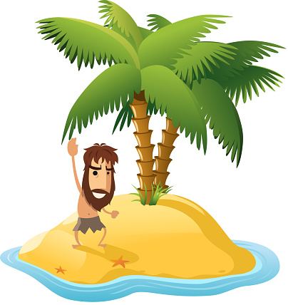 Desert Island With Palm Trees and Shipwrecked Man