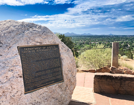 Santa Fe, NM: Memorial plaque for a 1940s Japanese internment camp on a hill above Santa Fe.