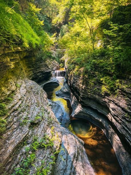 Waterfalls canyon in Watkins Glen State Park Waterfalls canyon in Watkins Glen State Park watkins glen stock pictures, royalty-free photos & images