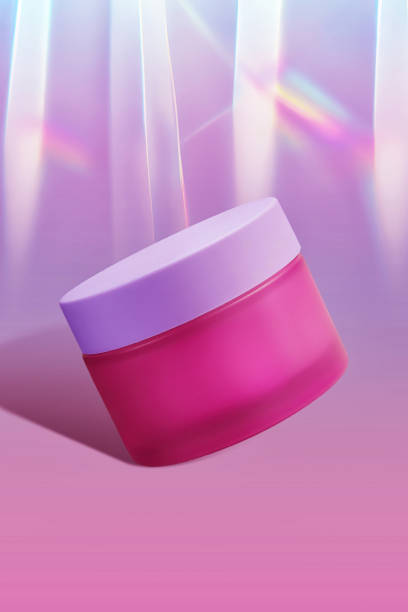 istock Pink Lotion Cream Cosmetic Jar on Holographic Background 1812159169