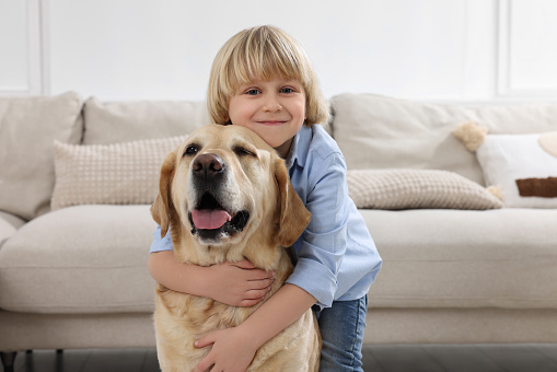 Cute little child with Golden Retriever at home. Adorable pet
