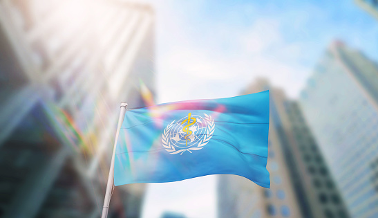 Flag of the World Health Organization and WHO. Founded in 1948 and subordinate to the United Nations, headquartered in Geneva, Switzerland