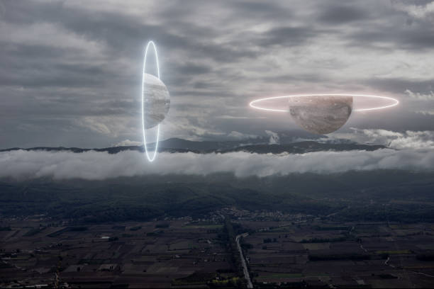 istock 3D rendering planet stunning neon circles futuristic dimension transition and landscape 1812187310