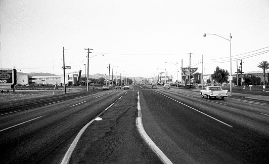 The Strip, Las Vegas, Nevada, USA 1959. Looking north along South Las Vegas Blvd. from vicinity of present day East Elvis Presley Blvd. Algiers and Thunderbird Resorts are on the right.