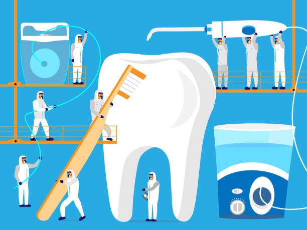 ilustrações de stock, clip art, desenhos animados e ícones de dental hygiene - human teeth defending dental equipment brushing