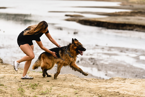Unruly German Shepherd Dog Dragging Female Owner Around Lake