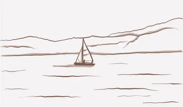 Vector illustration of Sailing Duo Landscape Sepia