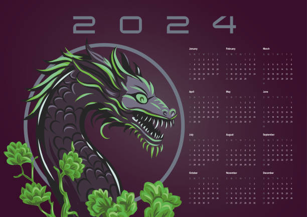 kuvapankkikuvitukset aiheesta kalenteri dragon 2024. vektorijulistekalenteri itämainen kiinalainen uusivuosi. lohikäärmeen vuosi -paperin leikkaus. kirkkaanvärinen horoskooppilohikäärme. julistekortti - draco constellation
